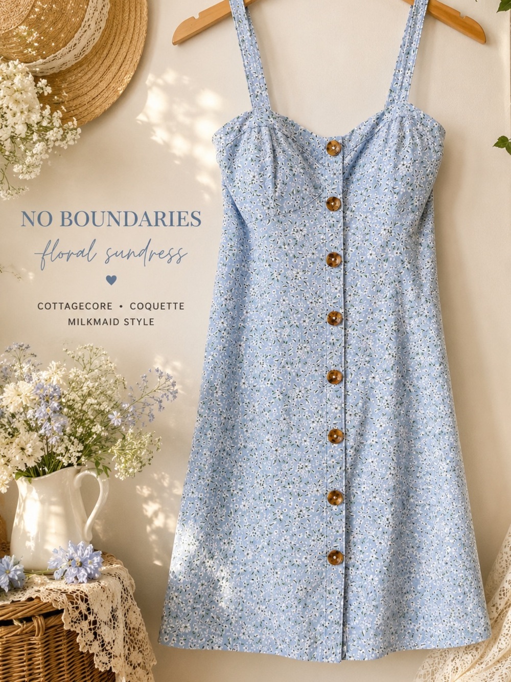 Romantic Blue floral Milkmaid Cottagecore sundress Y2K Summer dress